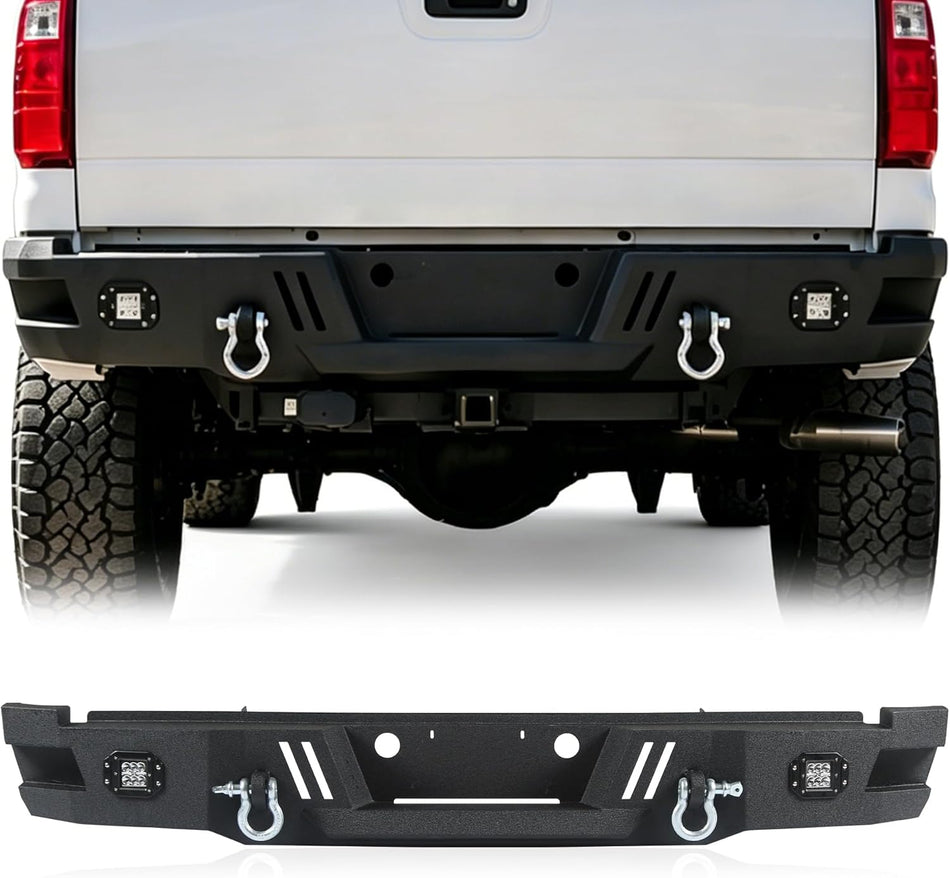 Off-Road Rear Bumper fit for Ford F250 / F350 Super Duty 2011-2016 | Carbon Steel, 2x18W LED, 2 D-Rings, Step Plate, Sensor Holes (No Park Assist Cut-Out)