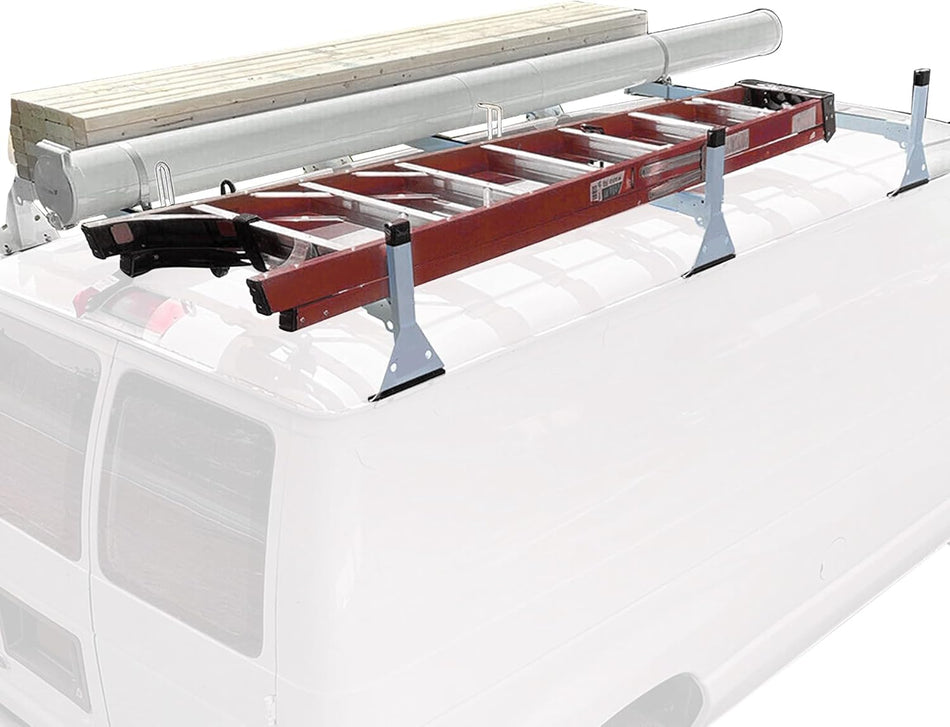 Van Roof Rack (3 Bars, White) fit for Ford Econoline E150 / E250 / E350 1992-2015 & Chevrolet Express 1500 / 2500 / 3500 | Adjustable 55-78", 750 lbs, Steel