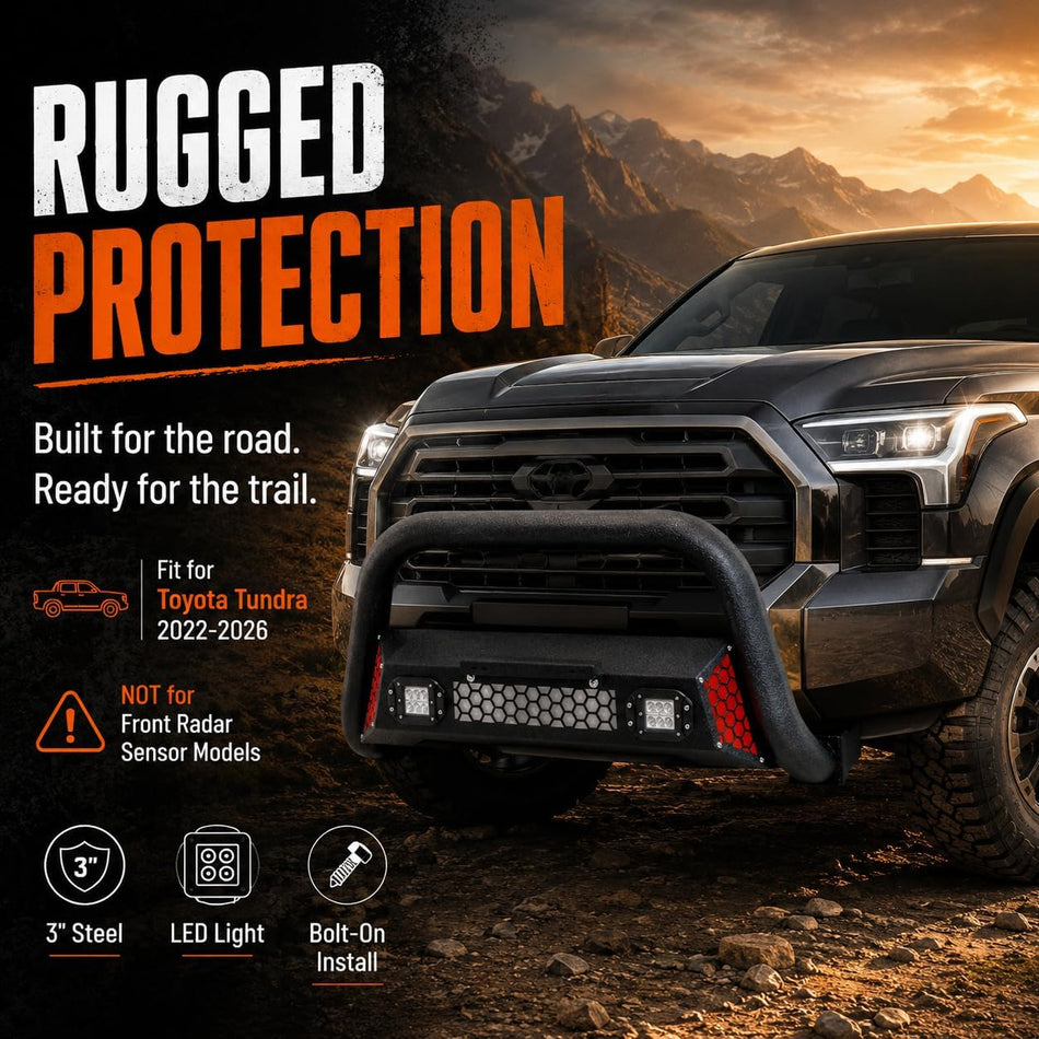 Bull Bar fit for Toyota Tundra 22-26(Not for Front Radar Sensor Models) | 3" Steel Front Grille Brush Guard Bumper Push Bar with LED Light, License Plate Bracket, Paintable Trim Panel