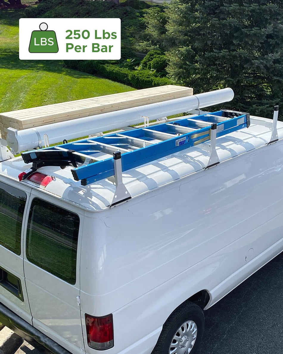 Van Roof Rack (3 Bars, White) fit for Ford Econoline E150 / E250 / E350 1992-2015 & Chevrolet Express 1500 / 2500 / 3500 | Adjustable 55-78", 750 lbs, Steel