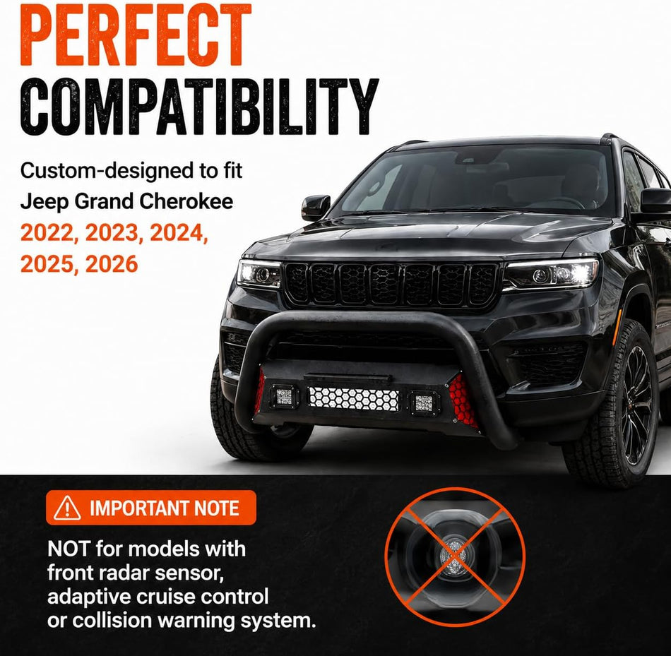 Bull Bar fit for Jeep Grand Cherokee 22-26 3" Steel Grille Brush Guard | (Not for Front Radar Sensor Models) Front Bumper Push Bar with LED Light, License Plate Bracket, Paintable Trim Panel