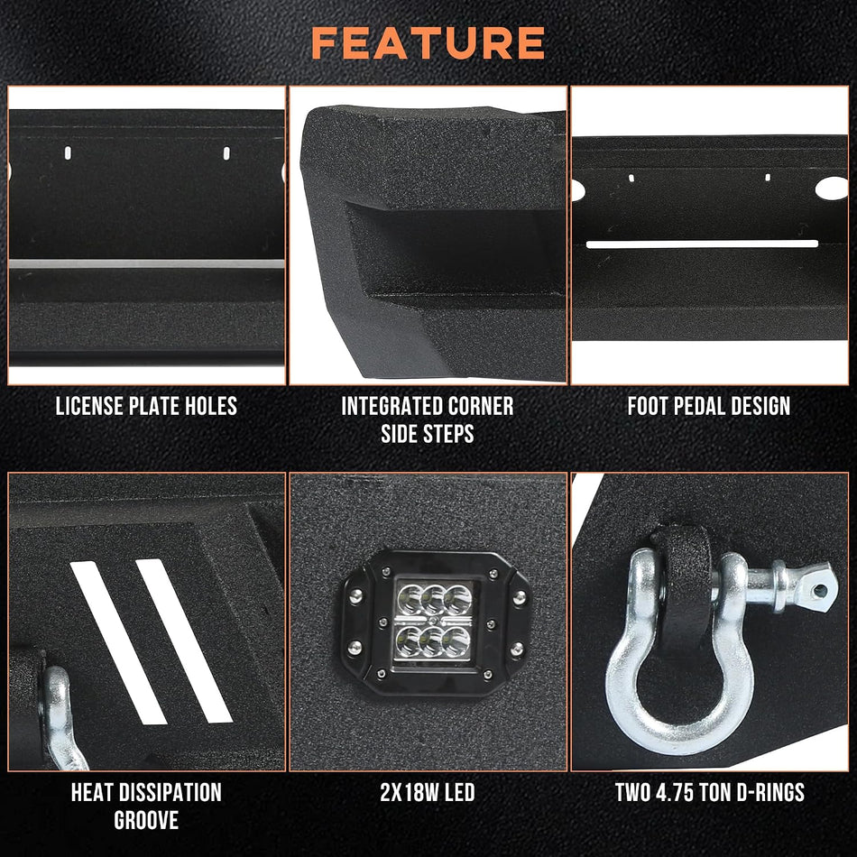 Off-Road Rear Bumper fit for Ford F250 / F350 Super Duty 2011-2016 | Carbon Steel, 2x18W LED, 2 D-Rings, Step Plate, Sensor Holes (No Park Assist Cut-Out)