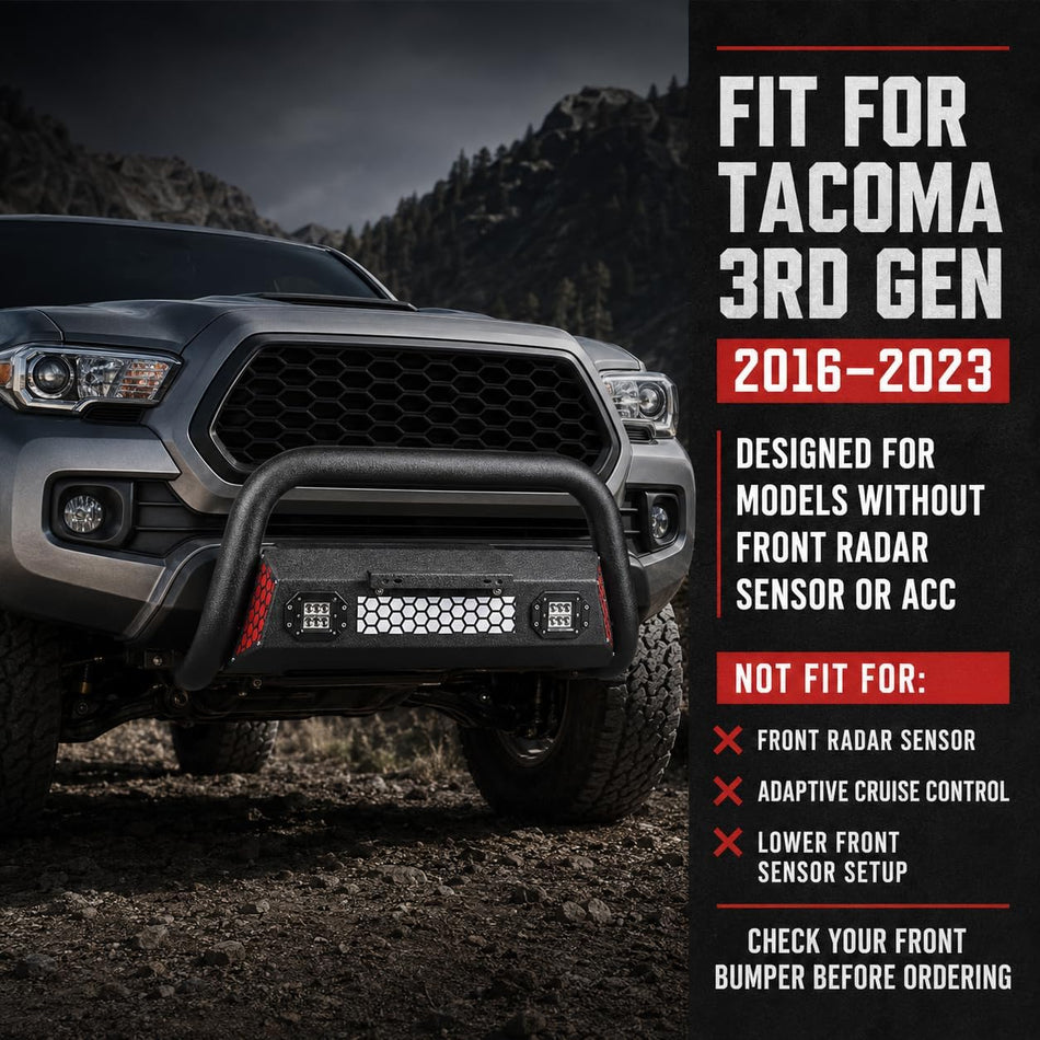 Bull Bar fit for Toyota Tacoma 3nd Gen 2016-2023 | 3" Steel Front Grille Brush Guard Bumper Push Bar with LED Light, License Plate Bracket, Paintable Trim Panel