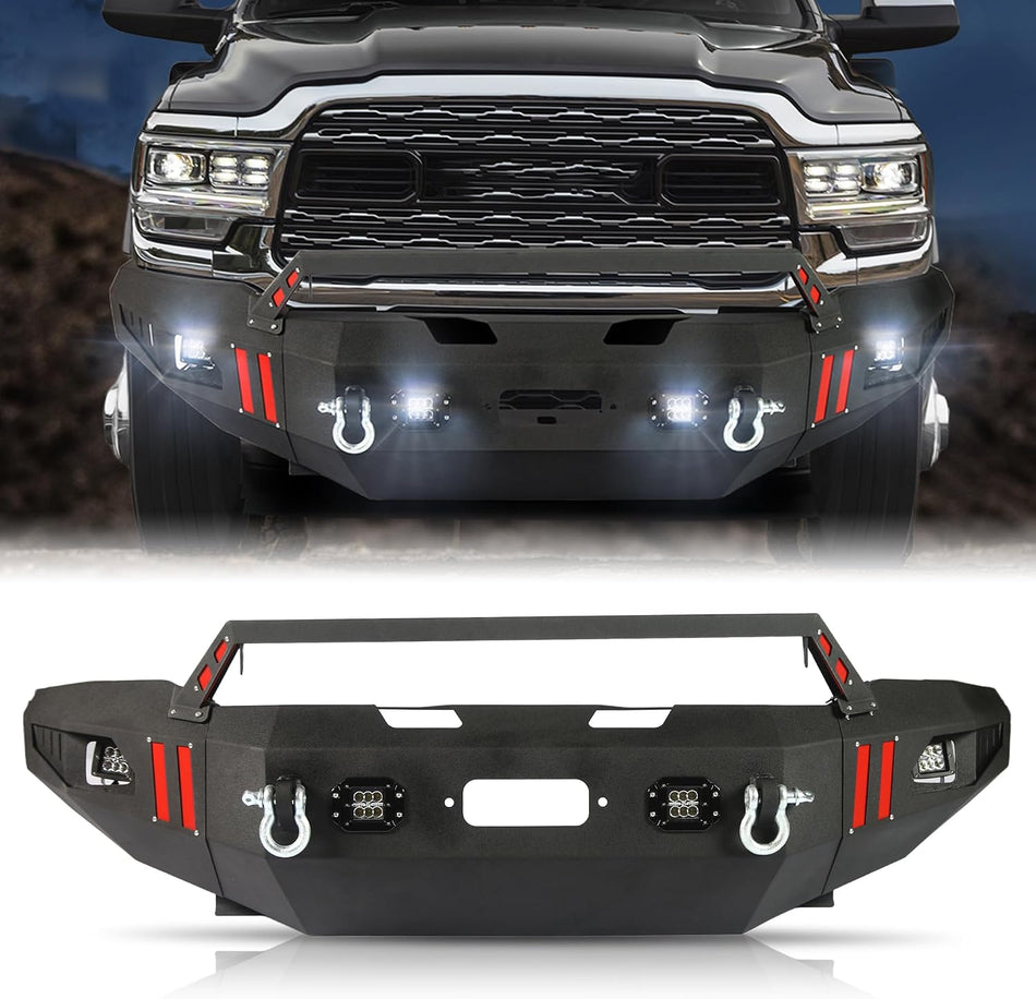 Off Road Front Bumper for 2019-2025 Dodge Ram 2500 3500 | Heavy Duty Carbon Steel | Winch Ready | 4 LED Lights | 2 D-Rings