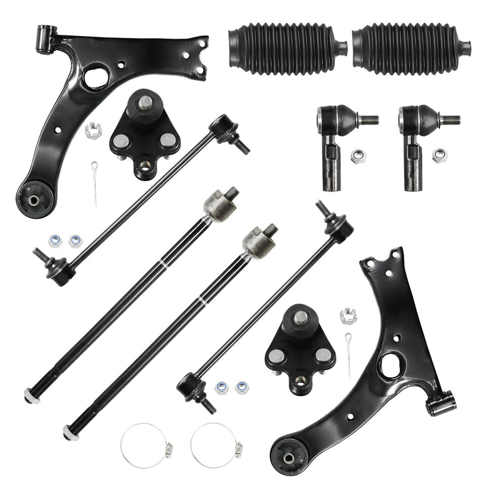 12PCS Suspension Kit Fits for Toyota Matrix Pontiac Vibe 2003 2004 2005 2006 2007 2008 Front Lower Control Arm Ball Joint Inner Outer Tie Rod End Sway Bar Link Steering Boot