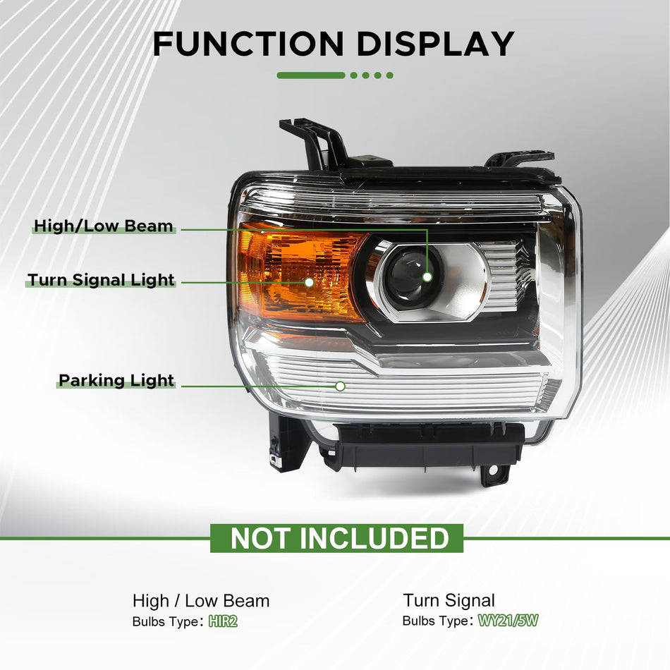 Halogen Headlights Assembly Fit For GMC Sierra 1500 2500 Base Denali SLE SLT 2014-2019 Projector Black Housing Clear lens Right Passenger Side Headlamp w/o DRL Headlight