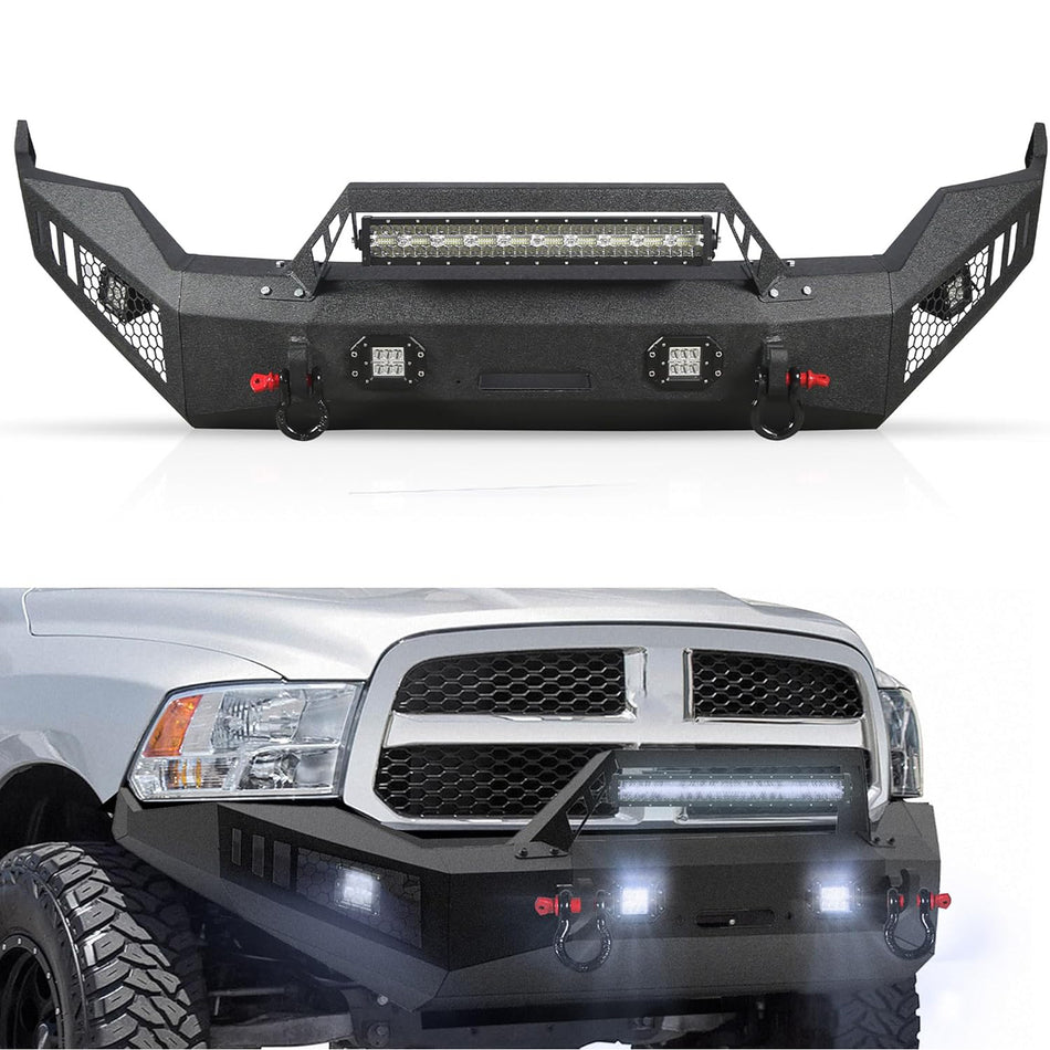 Front Rear Bumper Set fit for Dodge Ram 1500 4th gen 2013-2018 Off Road Rear Front Bumper Combo W/4 Lights Winch Plate 2 D-Rings Shackle Mounts Steel Bumper Kits