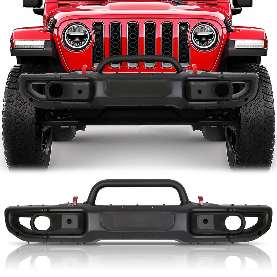 Front Bumper Fits for Jeep Wrangler JL 2018-2025 & Jeep Gladiator 10th Anniversary Style 2020-2025 Carbon Steel Black with Sensor Holes, Build-in Winch Plate, Bull Bar, Rescue Hook Off Road