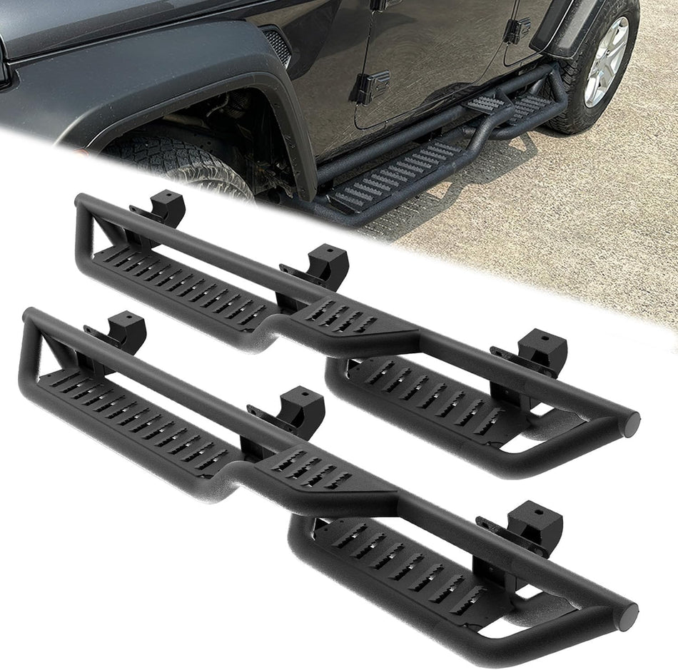 Running Boards Fit for Jeep Wrangler JK 4 Doors 2007-2018 Two Stairs Side Steps 5 Inches Width Heavy-Duty Steel Off Road Rock Sliders Rocker Guards Anti-Slip Textured Black