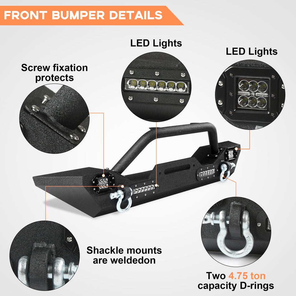 Off Road Bumper Combo Fit for Jeep Wrangler JL 2018-2026 Off Road Bumper Set with Winch Plate Heavty Duty Bumpers w/Lights & 2-rings Shackles