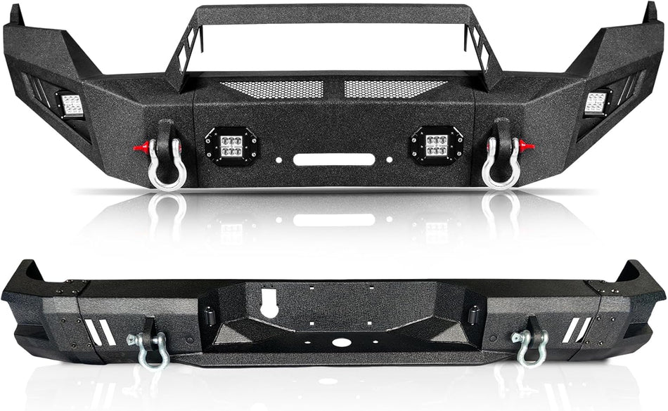 Front & Rear Bumper Set fit for Dodge RAM 1500 4th Gen 2013-2018 | Carbon Steel, Winch Plate, D-Rings, 4 LED Lights, Detachable Bull Bar, No-Drill