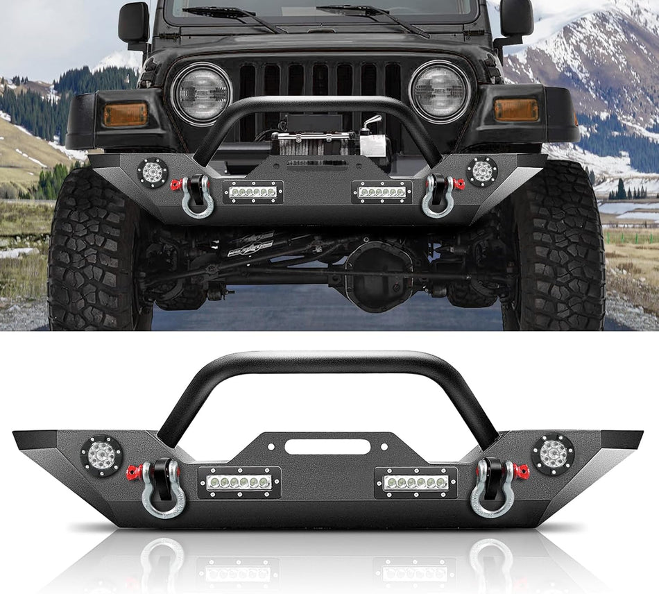 Offroad Front Bumper fit for Jeep Wrangler JK/JL 2007-2025 & Gladiator JT 2020-2025 | Winch Plate, D-Rings, 4 LED Lights, Detachable Bull Bar