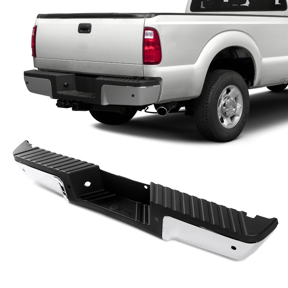 Rear Step Bumper Fits for 2008-2016 Ford F250 F350 F450 Super Duty with Parking Sensor Holes, Back Bumper Assembly Replacment Steel Chrome FO1103150 9C3Z17906D-PFM