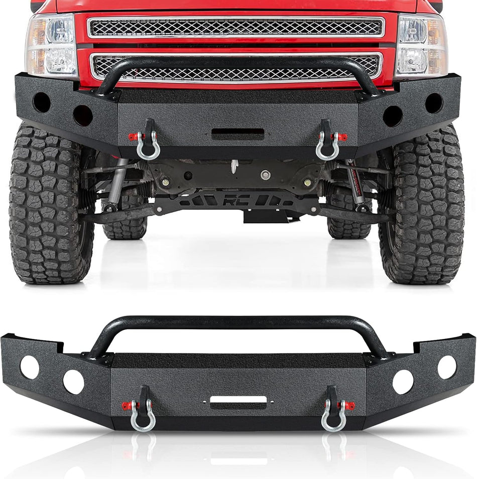 Front Bumper Fit For Chevy Silverado 1500 2007-2013, Steel Off Road Full Width Front Bumper W/Winch Plate D-Rings Bull Bar Heavy Duty Textured Powder-Coated