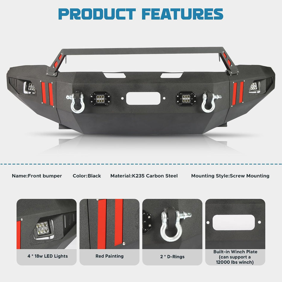 Off Road Front Bumper for 2019-2025 Dodge Ram 2500 3500 | Heavy Duty Carbon Steel | Winch Ready | 4 LED Lights | 2 D-Rings