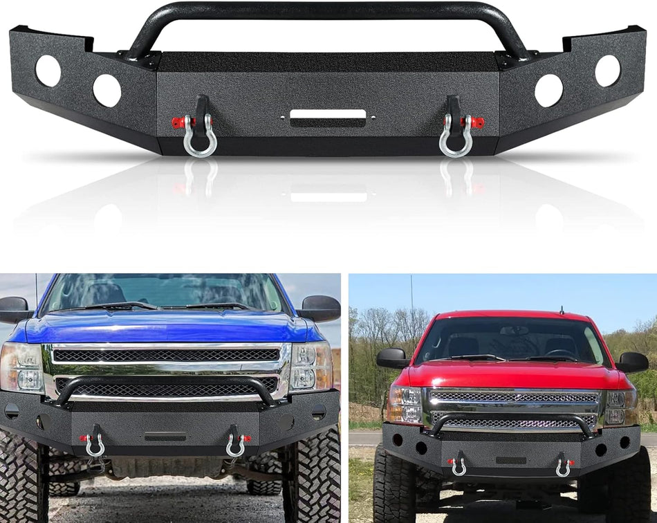 Front Bumper Fit For Chevy Silverado 1500 2007-2013, Steel Off Road Full Width Front Bumper W/Winch Plate D-Rings Bull Bar Heavy Duty Textured Powder-Coated