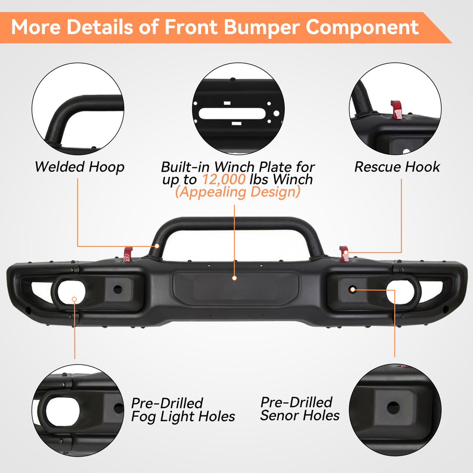 Front Bumper Fits for Jeep Wrangler JL 2018-2025 & Jeep Gladiator 10th Anniversary Style 2020-2025 Carbon Steel Black with Sensor Holes, Build-in Winch Plate, Bull Bar, Rescue Hook Off Road