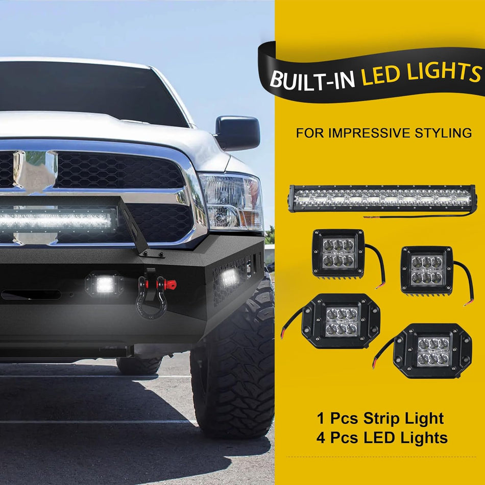 Front Rear Bumper Set fit for Dodge Ram 1500 4th gen 2013-2018 Off Road Rear Front Bumper Combo W/4 Lights Winch Plate 2 D-Rings Shackle Mounts Steel Bumper Kits