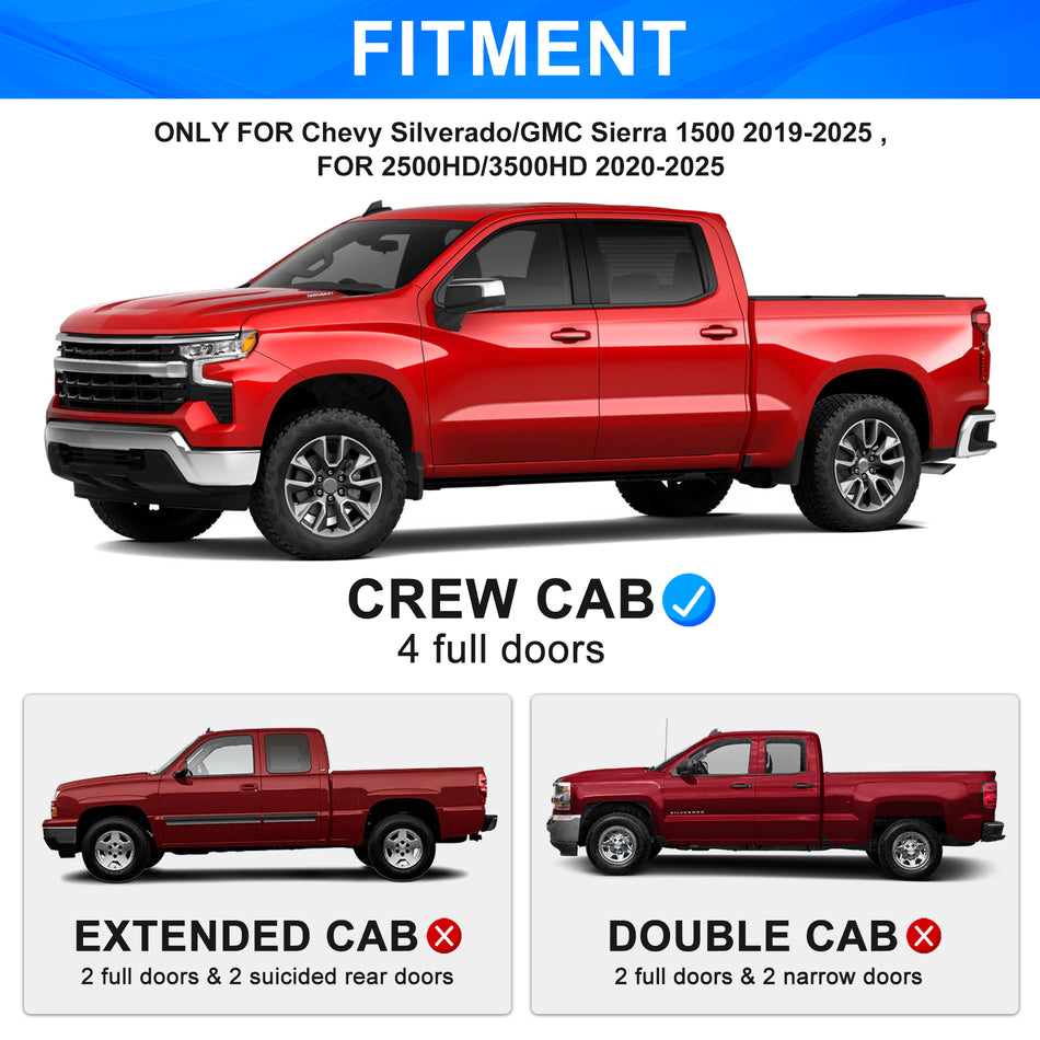 Running Boards Fit for Chevy Silverado GMC Sierra 1500 2019-2025 2026 Crew Cab 6” Side Steps Fit for 2020-2025 2026 Silverado GMC Sierra 2500HD 3500HD Crew Cab 4 Door Rock Rail Steps