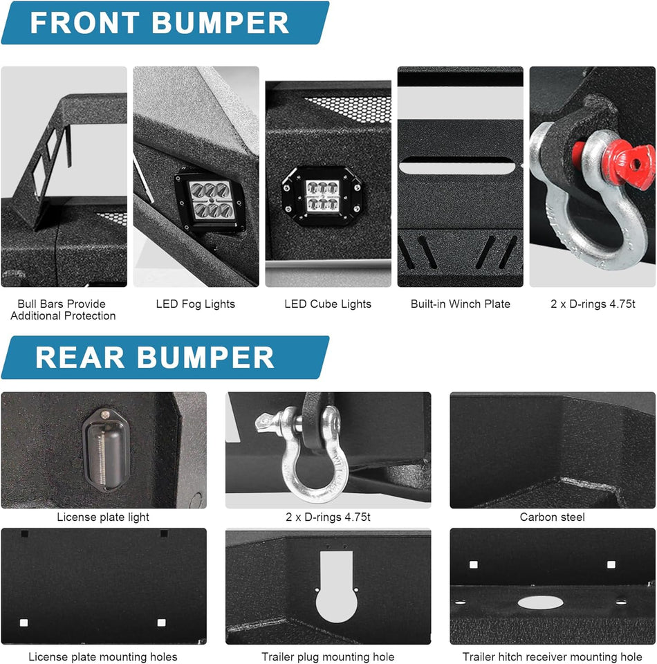 Front & Rear Bumper Set fit for Dodge RAM 1500 4th Gen 2013-2018 | Carbon Steel, Winch Plate, D-Rings, 4 LED Lights, Detachable Bull Bar, No-Drill
