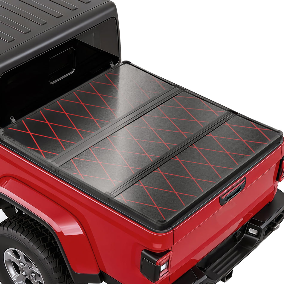 Aluminum Truck Bed Tonneau Cover Compatible with Jeep Gladiator 2020-2025 5 FT Bed, Hard Tri-Fold Waterproof Bed Cover Fit for Gladiator, No Drill Installation, Black with Red X-Strike