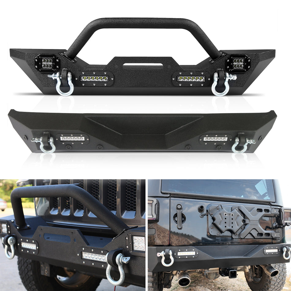 Off Road Bumper Combo Fit for Jeep Wrangler JL 2018-2026 Off Road Bumper Set with Winch Plate Heavty Duty Bumpers w/Lights & 2-rings Shackles