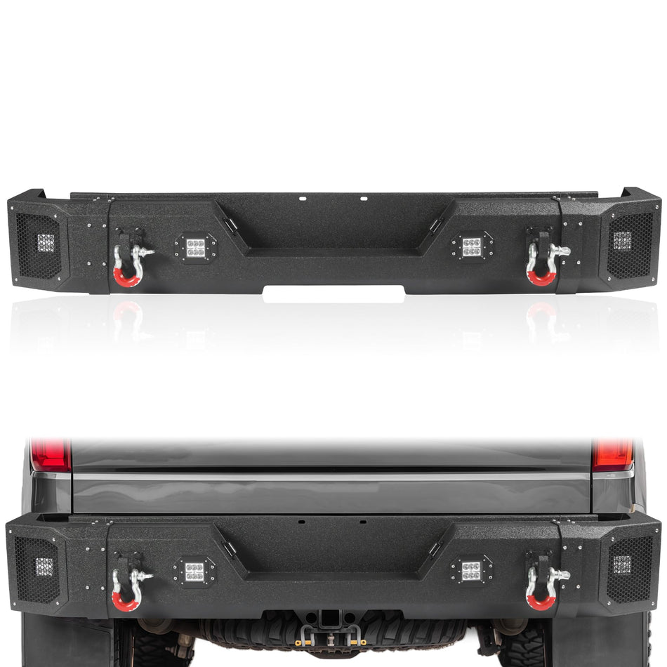 Off Road Rear Bumper Fits for Chevy Silverado 1500 & GMC Sierra 1500 2019-2024 Carbon Steel Rock Crawler Pickup Truck Back Bumper with Lights D-rings License Plate Holes 2Pack
