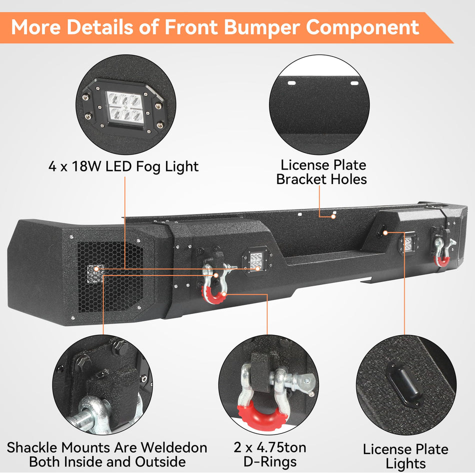 Off Road Rear Bumper Fits for Chevy Silverado 1500 & GMC Sierra 1500 2019-2024 Carbon Steel Rock Crawler Pickup Truck Back Bumper with Lights D-rings License Plate Holes 2Pack