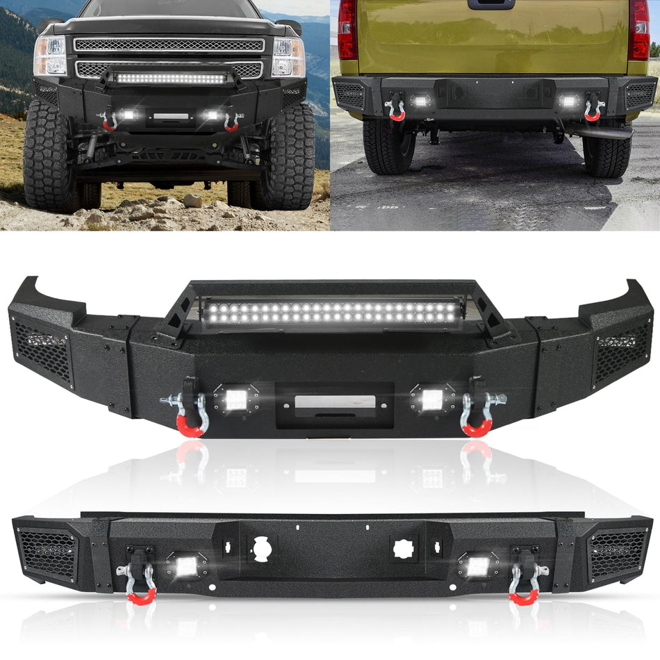 Front & Rear Bumper Set fit for Chevy Silverado 1500 & GMC Sierra 1500 2007-2013 | Winch Plate, D-Rings, LED Lights, Powder-Coated
