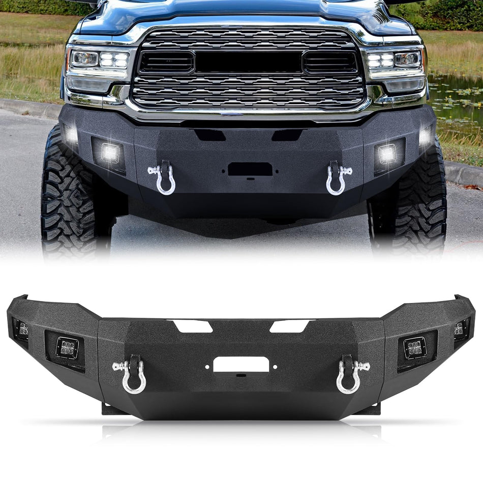 Off Road Front Bumper Fit for Ram 2500 3500 2019-2024, Full Width Off Road Bumpers, Heavy Duty Front Bumpers, Carbon Steel Powder-Coated Black W/4 Lights 2 D-ring Shackles