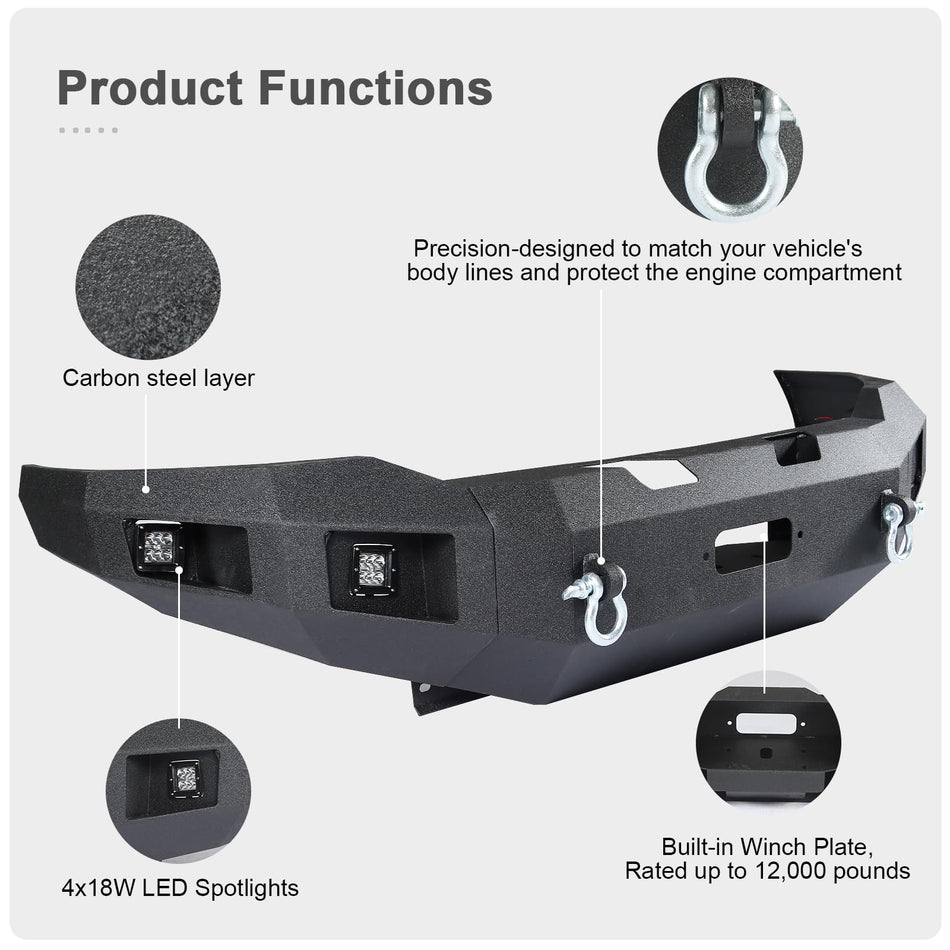 Off Road Front Bumper Fit for Ram 2500 3500 2019-2024, Full Width Off Road Bumpers, Heavy Duty Front Bumpers, Carbon Steel Powder-Coated Black W/4 Lights 2 D-ring Shackles