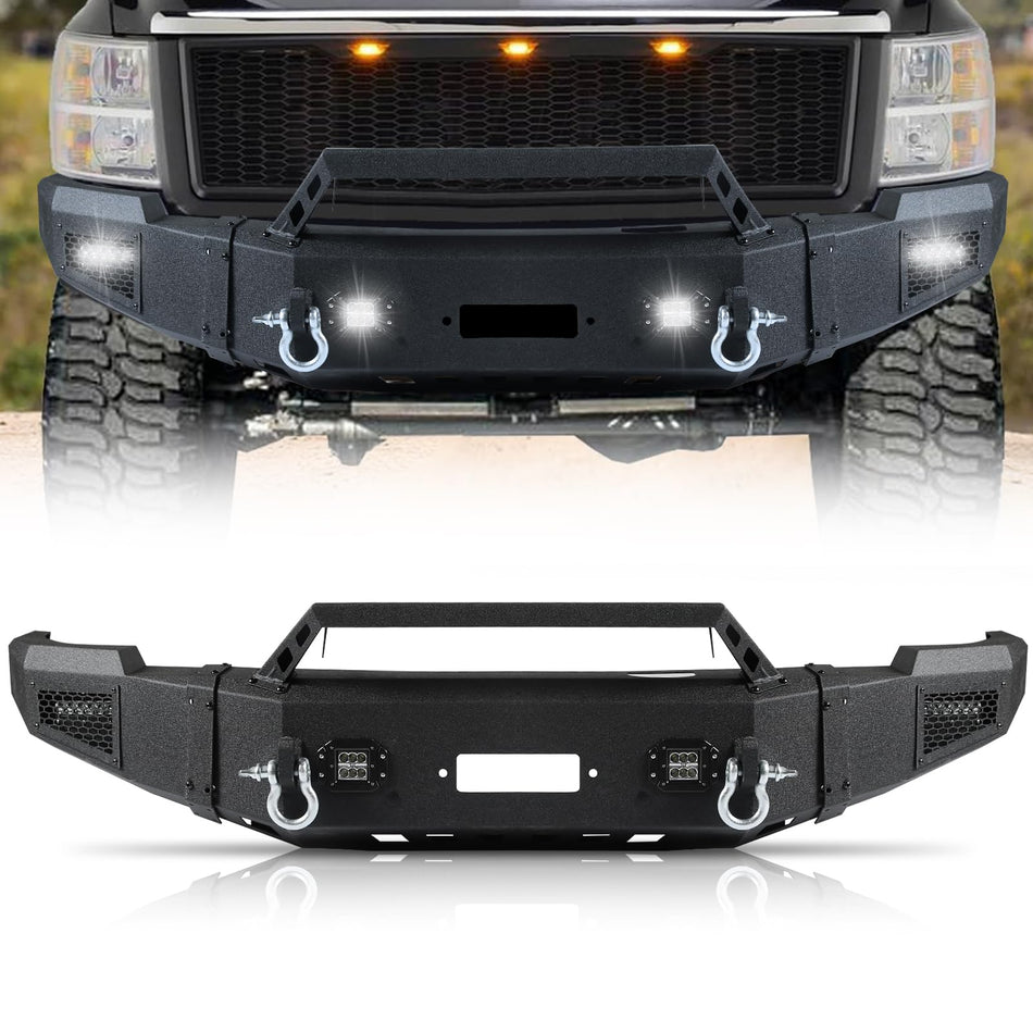 Off Road Front Bumper Fit for Chevy Silverado 2500 3500 HD 2011 2012 2013 2014, Full Width Front Bumper W/Winch Plate, 4 Lights, D-Rings, Detachable Bull Bar Steel Bumper