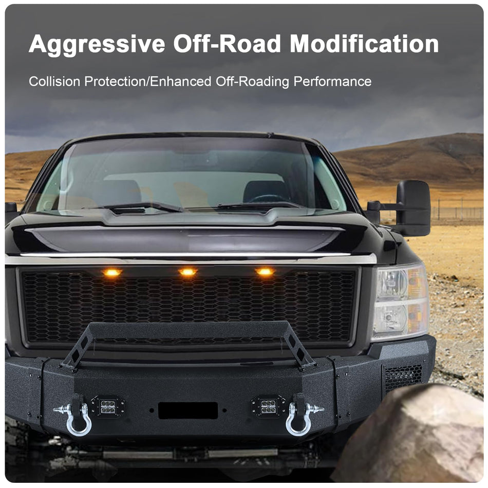 Off Road Front Bumper Fit for Chevy Silverado 2500 3500 HD 2011 2012 2013 2014, Full Width Front Bumper W/Winch Plate, 4 Lights, D-Rings, Detachable Bull Bar Steel Bumper