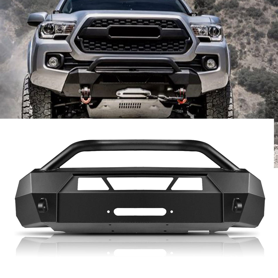 Heavy Duty Front Bumper Fit for Toyota Tacoma 3rd Gen 2016-2023 – Off-Road Stubby Winch Bumper Guard with Winch Plate, D-Ring Mounts, Black Powder Coated Carbon Steel (Not for BSM Sensors, Factory Trim Modification Required)