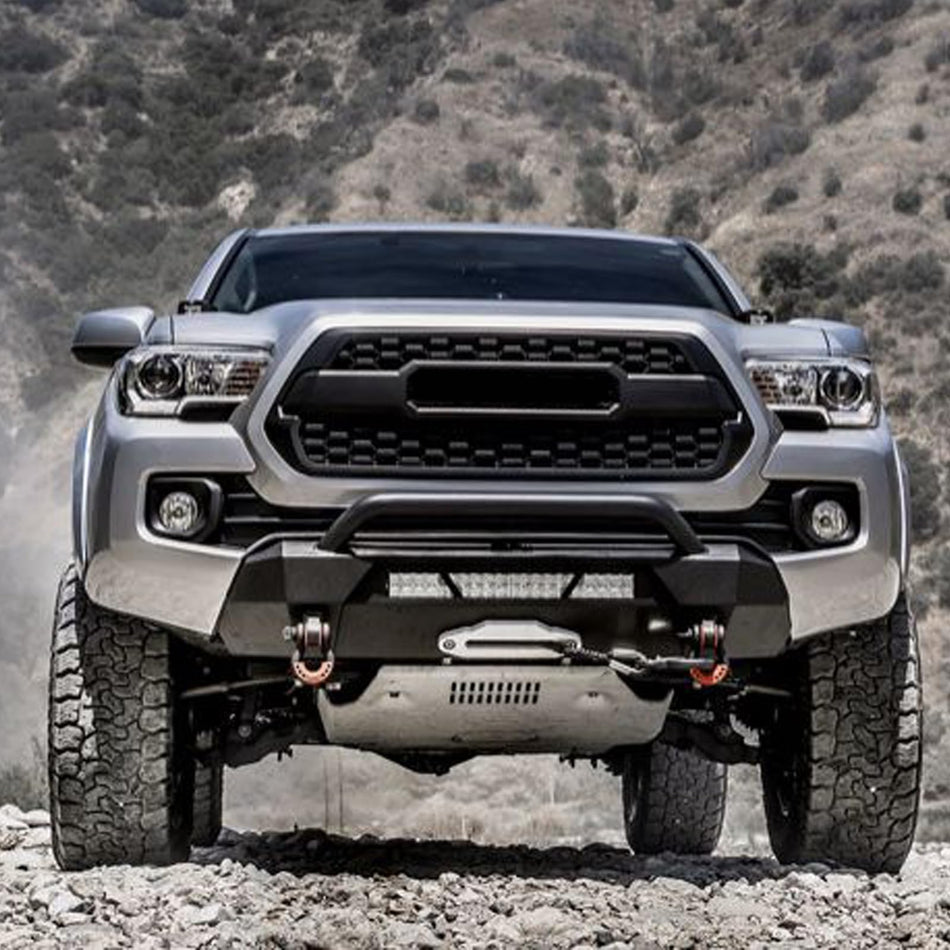 Heavy Duty Front Bumper Fit for Toyota Tacoma 3rd Gen 2016-2023 – Off-Road Stubby Winch Bumper Guard with Winch Plate, D-Ring Mounts, Black Powder Coated Carbon Steel (Not for BSM Sensors, Factory Trim Modification Required)
