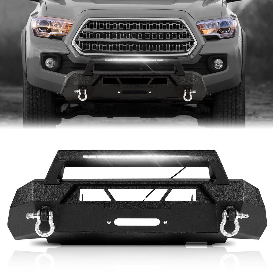 Stubby Front Bumper Fit for Toyota Tacoma 2016-2023, off Road Bumper fit for 3rd Gen Tacoma with Winch Plate 2 D-ring Shackles, Heavy Duty Steel Bumper with Light Bar