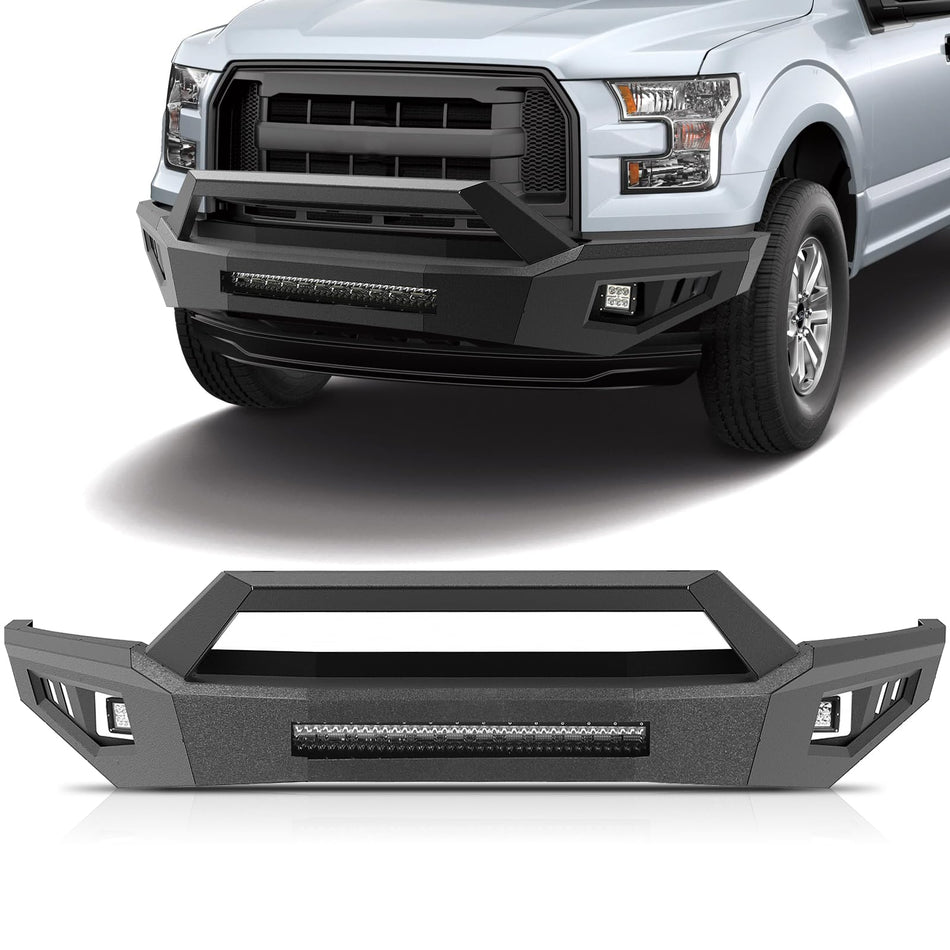 Off-road Front Bumper fits for Ford F150 2015 2016 2017 Pickup Trucks Heavy Duty Steel Bumpers Rock Crawler Bumpers with 3 *Lights and with Bull Bar, Textured black