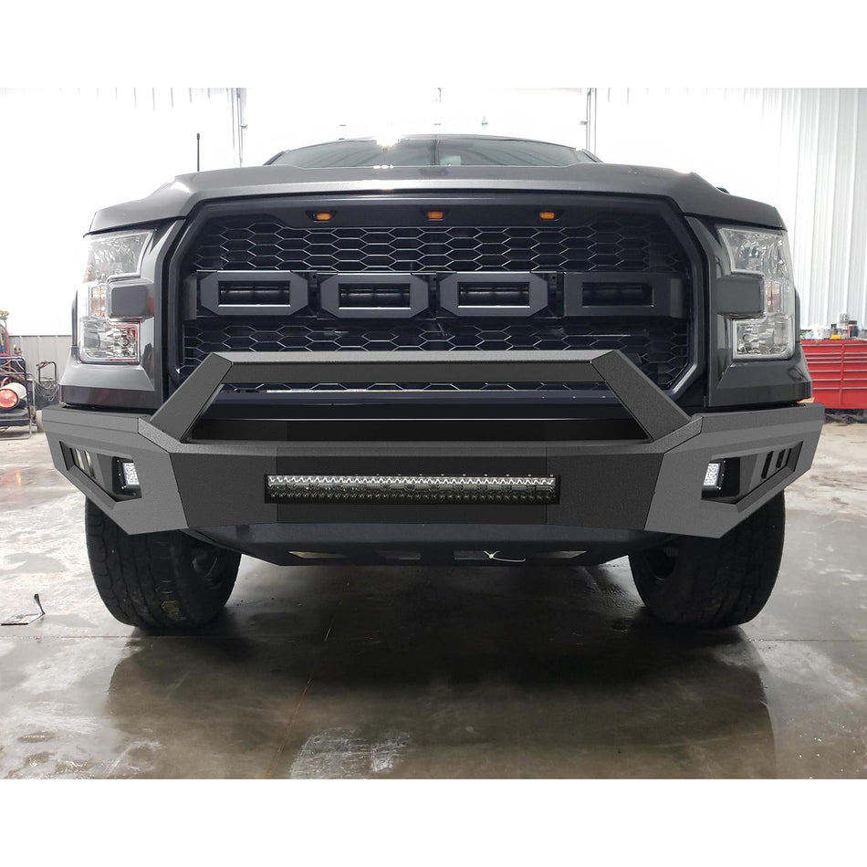 Off-road Front Bumper fits for Ford F150 2015 2016 2017 Pickup Trucks Heavy Duty Steel Bumpers Rock Crawler Bumpers with 3 *Lights and with Bull Bar, Textured black