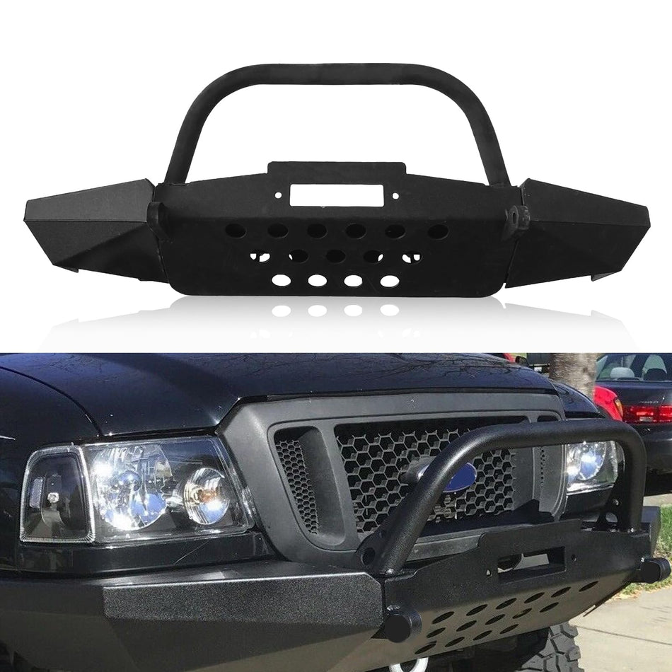 Offroad Front Bumper fit for Ford Ranger 1998-2011, w/Winch Plate D-Rings Shackles Mount Black Powder Coated Finish Heavy Duty Front Bumper w/Bull Bar