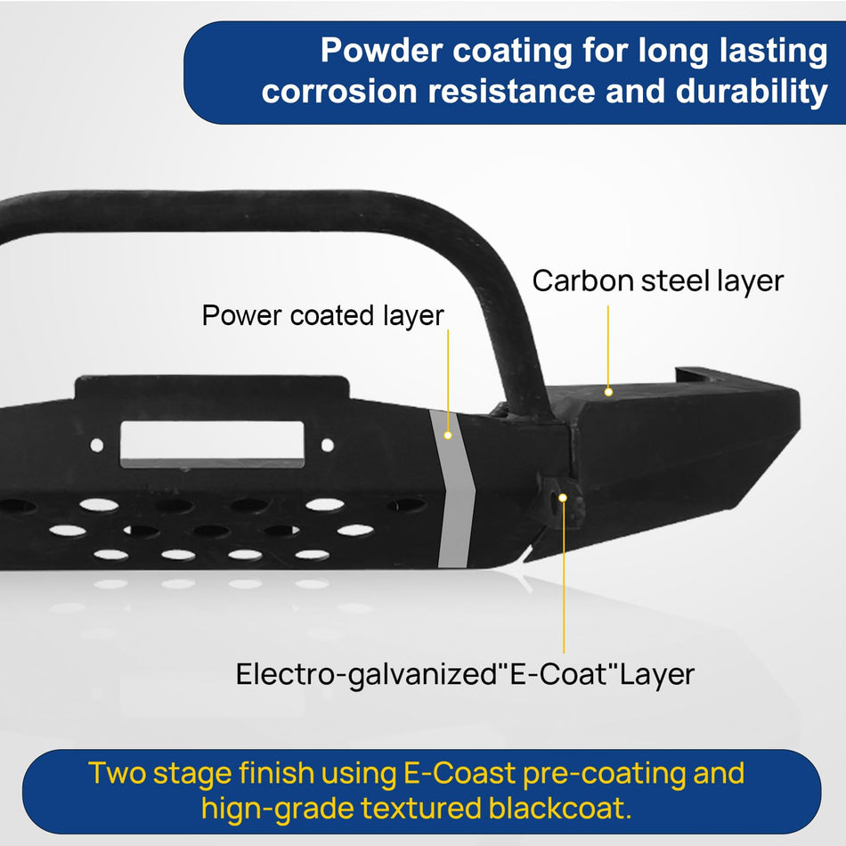 Offroad Front Bumper fit for Ford Ranger 1998-2011, w/Winch Plate D-Rings Shackles Mount Black Powder Coated Finish Heavy Duty Front Bumper w/Bull Bar
