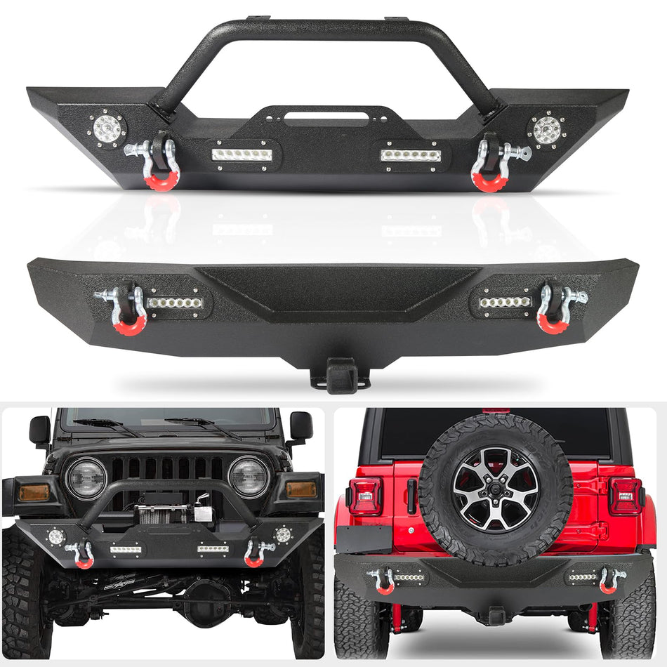Front & Rear Bumper Combo Fit for Jeep Wrangler JK 2007-2018, w/Winch Plate 2" Hitch Receiver D-Rings and Lights Front Rear Bumper Combo,Black Powder Coated Carbon Steel