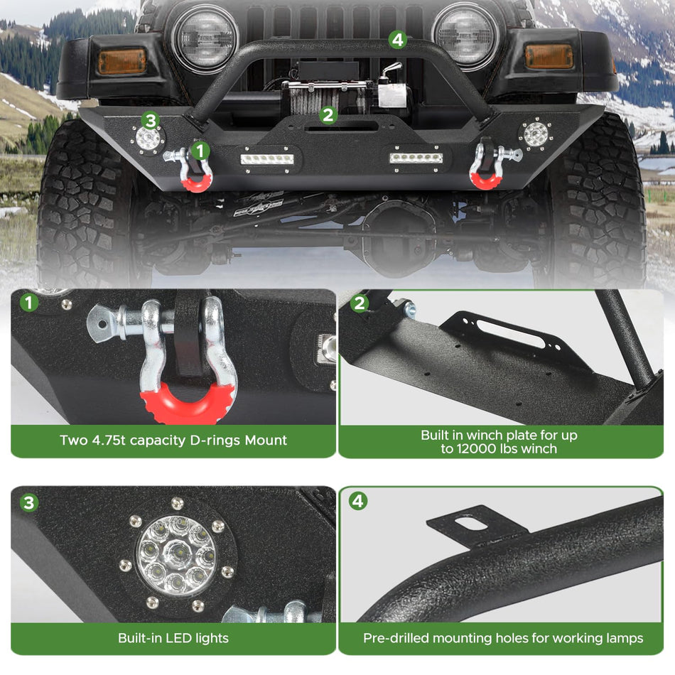 Front & Rear Bumper Combo Fit for Jeep Wrangler JK 2007-2018, w/Winch Plate 2" Hitch Receiver D-Rings and Lights Front Rear Bumper Combo,Black Powder Coated Carbon Steel