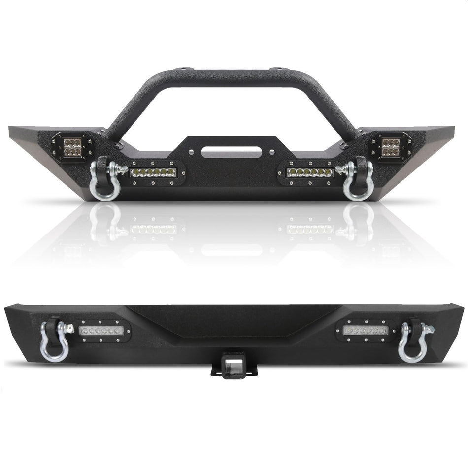 Off-road Front and Rear Bumper Combo Fits for Jeep Wrangler TJ YJ 1987-2006, w/Winch Plate 2" Hitch Receiver D-Rings and Lights Carbon Steel Front and Rear Bumper Powder Coated Textured Black