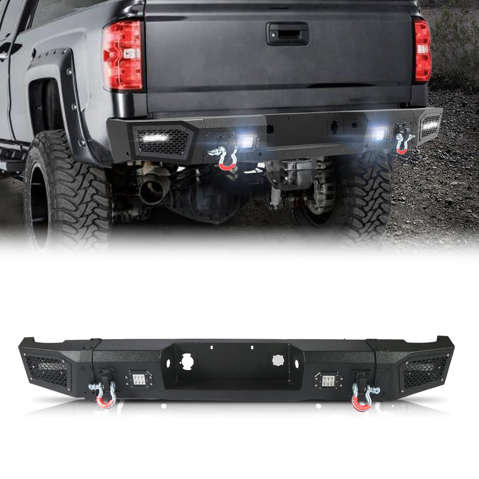 Off Road Rear Bumper Fit for Chevy Silverado 2500 3500 HD 2011 2012 2013 2014– Full Width Steel Rear Bumper with 4 Sensor Holes, 4 LED Lights, 2 D-Ring Shackle Mounts, Black Powder Coated