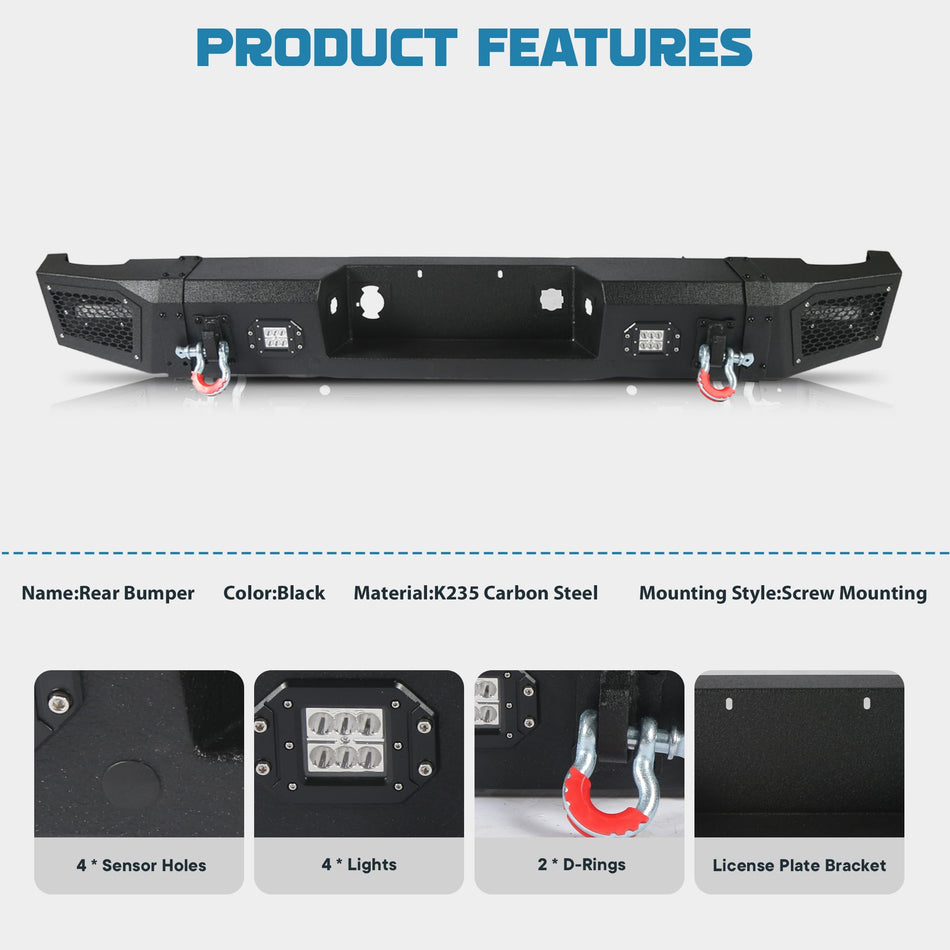 Off Road Rear Bumper Fit for Chevy Silverado 2500 3500 HD 2011 2012 2013 2014– Full Width Steel Rear Bumper with 4 Sensor Holes, 4 LED Lights, 2 D-Ring Shackle Mounts, Black Powder Coated