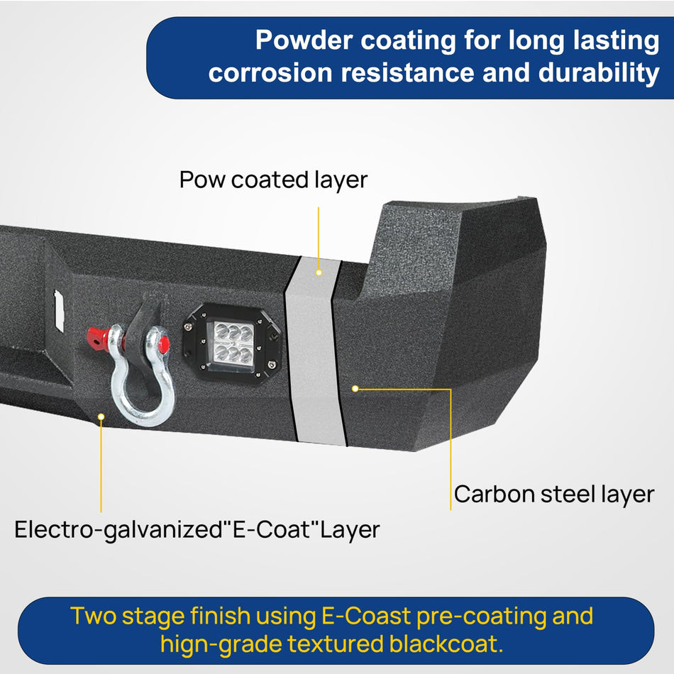 Off Road Rear Bumper Fits for Toyota Tacoma 2005-2015 Heavy Duty Steel Back Bumper Fits for 2nd Gen Tacoma Textured Black with 2 Lights, 2 D-Rings, License Plate Bracket Full Width