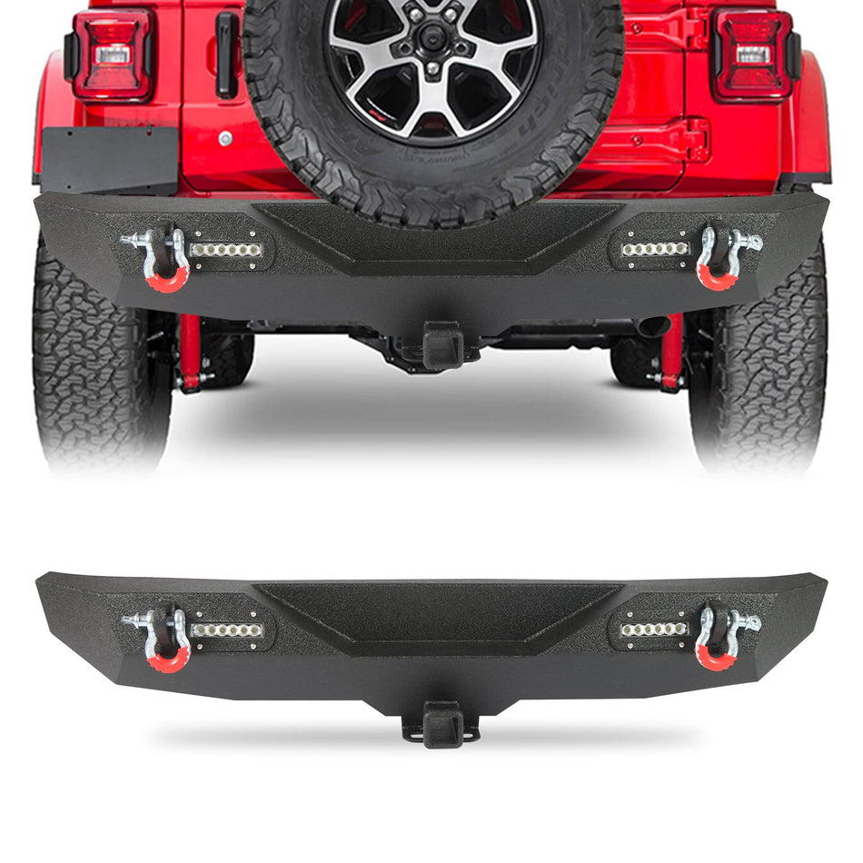 Rear Bumper Fit for Jeep Wrangler JK 2007-2018,w/ 2" Hitch Receiver D-rings 2 Lights Carbon Steel Black Powder-Coated Offroad Rear Bumper