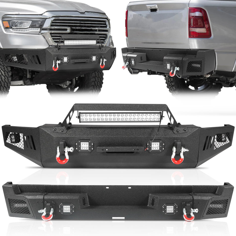 Off Road Front Rear Bumper Set Fits for Dodge Ram 1500 2019-2025 2026 (Excluding Ram 1500 Classic), Pickup Trucks Heavy Duty Steel Rock Crawler Bumper Combo with Winch Plate Lights D-Rings