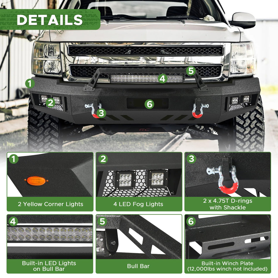 Off Road Front Rear Bumper Fit for Chevy Silverado 1500 2007-2013 Full Width Winch Bumper Combo Fit for 2nd Gen Silverado 1500 W/18W Lights D-Rings Sensor Holes Textured Black Steel Bumper Set