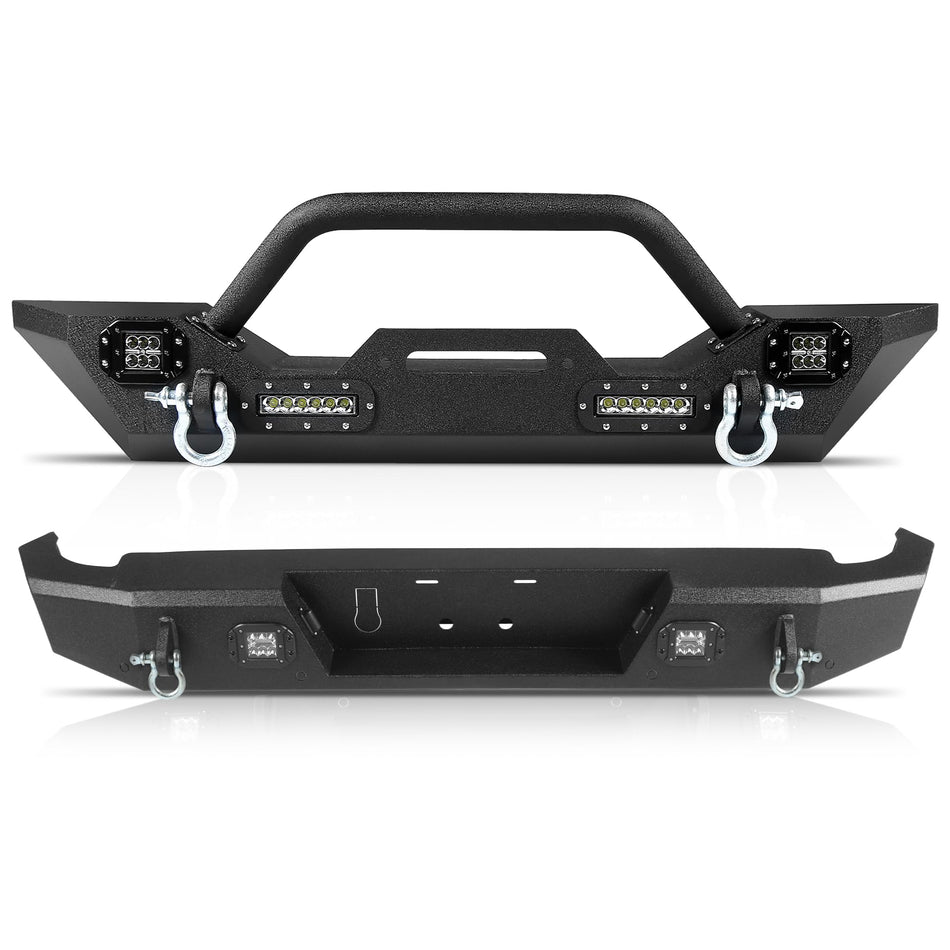 Off-Road Front & Rear Bumper Set fit for Jeep Gladiator JT 2020-2025 | Full-Width Steel, 6 LED Lights, 4 D-Rings, Winch Plate (2 & 4 Door, 2 Packages)